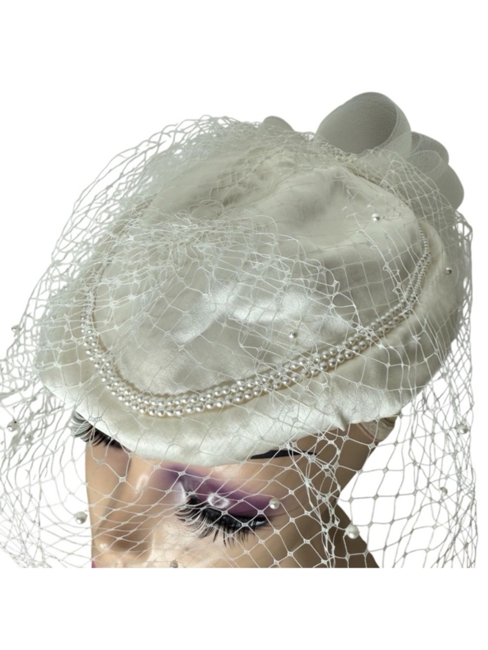 Vintage Satin Bridal Fascinator Hat Birdcage Pearls Veil Headpiece Wedding *Flaw